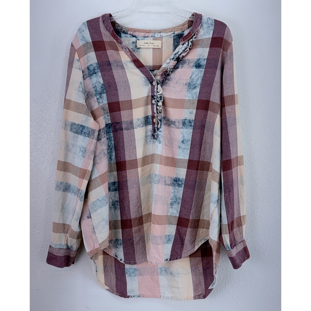 Isabella Sinclair Bleached Plaid Ruffle Henley Purple Pink High Low L